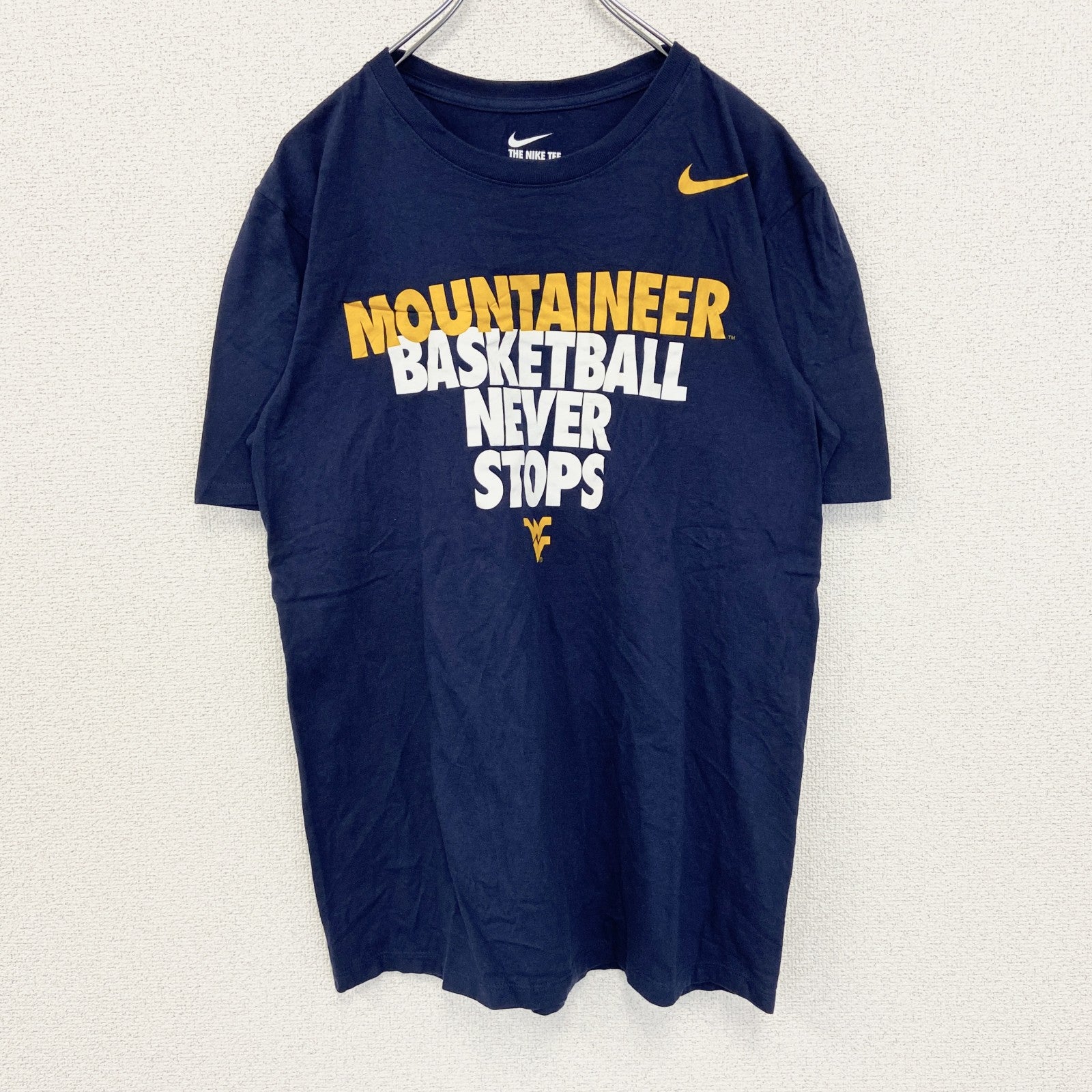 古着 used　NIKE　ナイキ　半袖プリントTシャツ　バスケットボール　スウッシュマーク　ネイビー　クルーネック　Mサイズ
