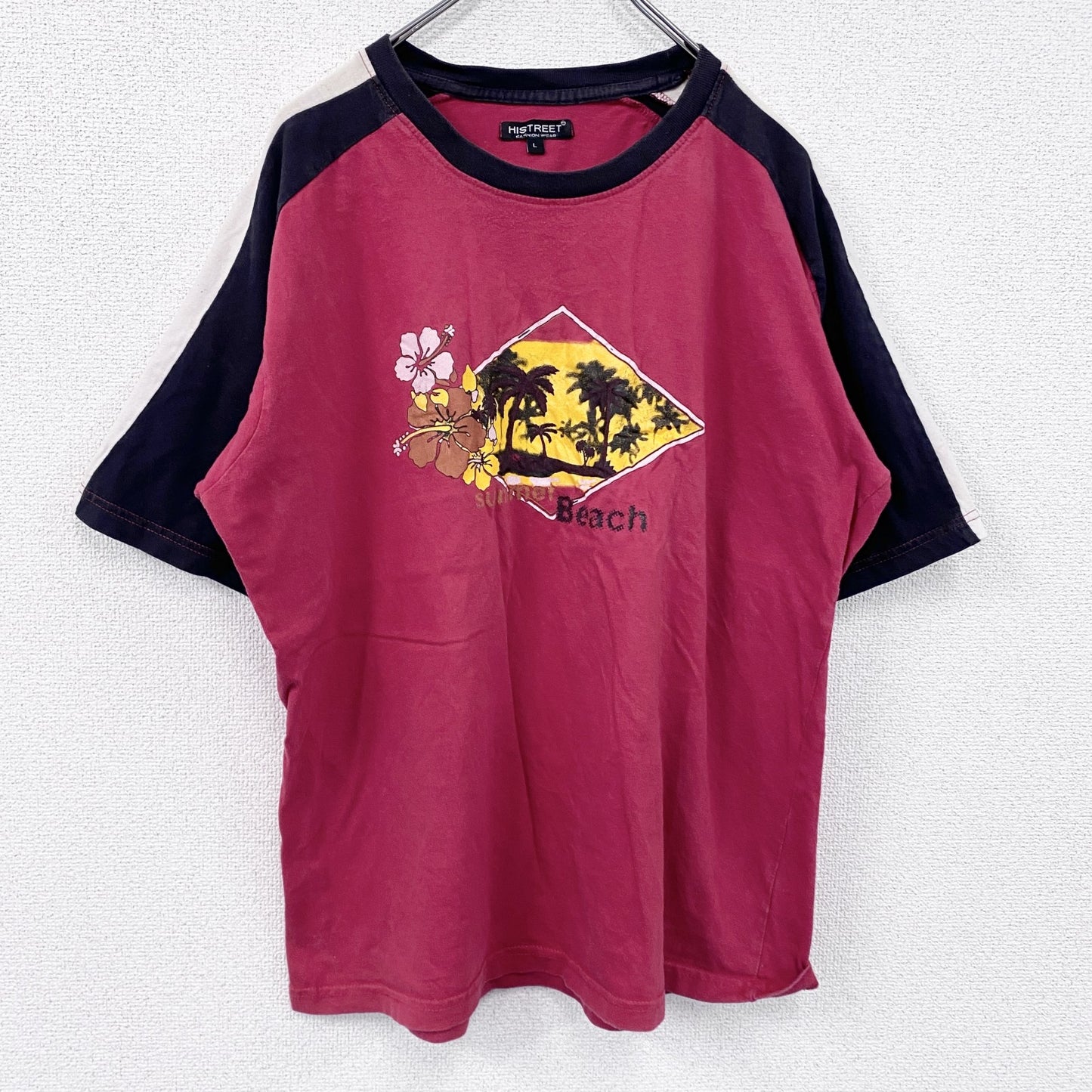 HISTREET　半袖プリントTシャツ　ラグランT　赤　レッド　Lサイズ
