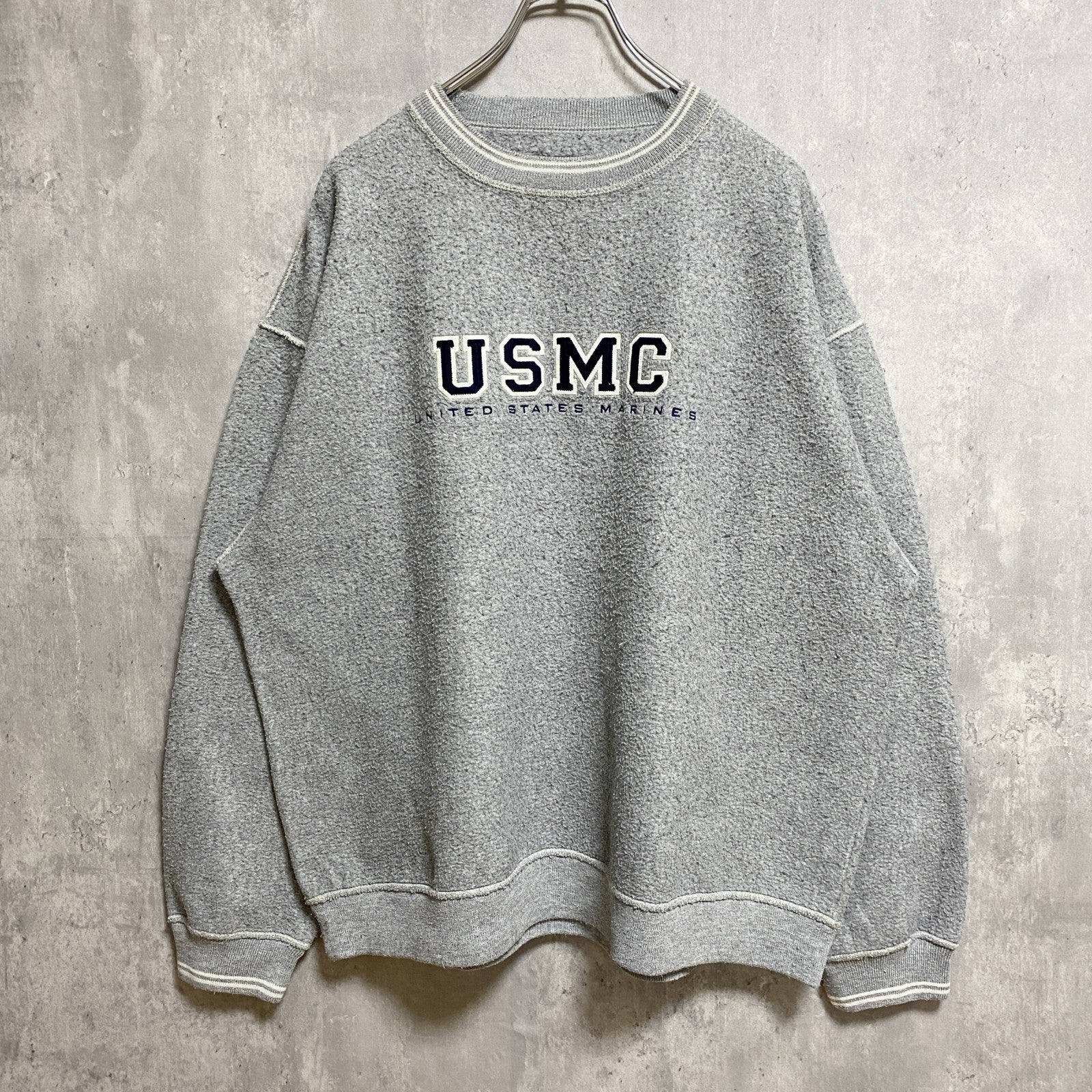 古着 used　GEAR ギア　USMC　長袖スウェット　トレーナー　ラインリブ　グレー　アメリカ海兵隊　XLサイズ