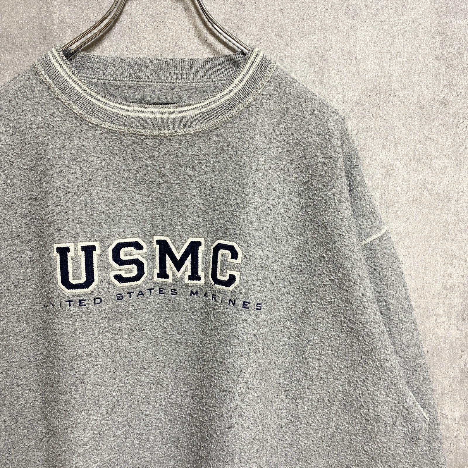 古着 used　GEAR ギア　USMC　長袖スウェット　トレーナー　ラインリブ　グレー　アメリカ海兵隊　XLサイズ