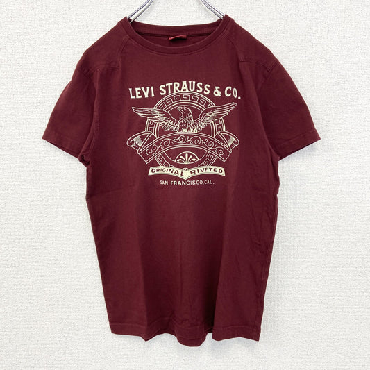 古着　used　LEVI’S　リーバイス　半袖プリントTシャツ　クルーネック　カジュアル　レトロデザイン　赤　ボルドー　Mサイズ