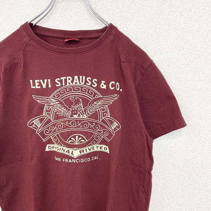 古着　used　LEVI’S　リーバイス　半袖プリントTシャツ　クルーネック　カジュアル　レトロデザイン　赤　ボルドー　Mサイズ