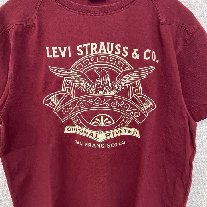 古着　used　LEVI’S　リーバイス　半袖プリントTシャツ　クルーネック　カジュアル　レトロデザイン　赤　ボルドー　Mサイズ