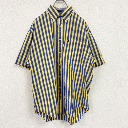 TOMMY HILFIGER　トミーヒルフィガー　半袖ボタンダウンシャツ　刺繍ロゴ　ストライプ柄　黄色　イエロー　ブルー　Mサイズ