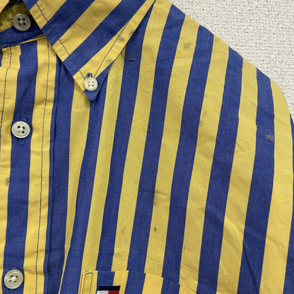 TOMMY HILFIGER　トミーヒルフィガー　半袖ボタンダウンシャツ　刺繍ロゴ　ストライプ柄　黄色　イエロー　ブルー　Mサイズ