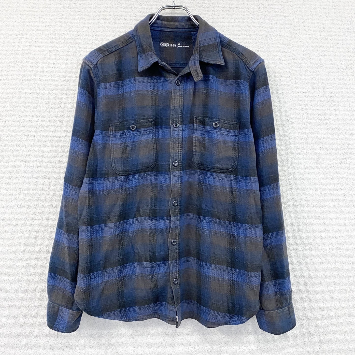GAP　ギャップ　長袖シャツ　ネルシャツ　チンストラップ　オンブレチェック　チェック柄　青　ブルー　Mサイズ