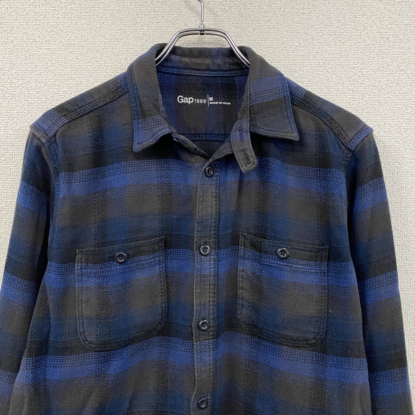 GAP　ギャップ　長袖シャツ　ネルシャツ　チンストラップ　オンブレチェック　チェック柄　青　ブルー　Mサイズ