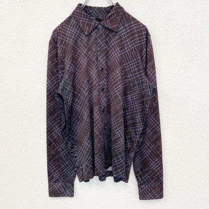 古着 used　KEENTH COLE　長袖柄シャツ　襟付き　総柄　アトミック柄　個性的　レトロデザイン　モダン　赤紫　Lサイズ　