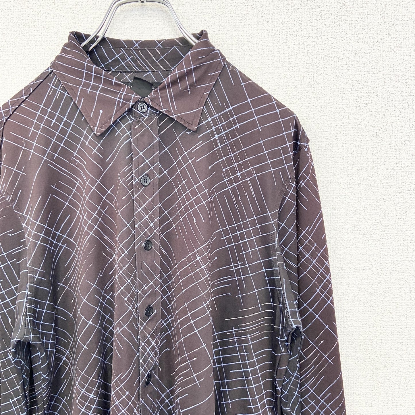 古着 used　KEENTH COLE　長袖柄シャツ　襟付き　総柄　アトミック柄　個性的　レトロデザイン　モダン　赤紫　Lサイズ　