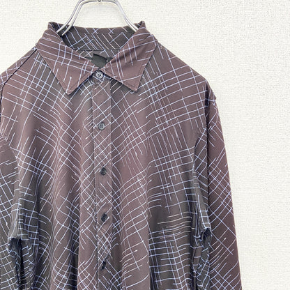 古着 used　KEENTH COLE　長袖柄シャツ　襟付き　総柄　アトミック柄　個性的　レトロデザイン　モダン　赤紫　Lサイズ　