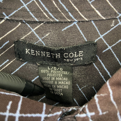 古着 used　KEENTH COLE　長袖柄シャツ　襟付き　総柄　アトミック柄　個性的　レトロデザイン　モダン　赤紫　Lサイズ　