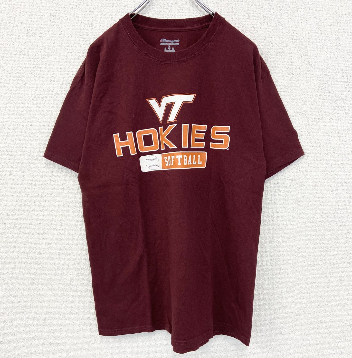 古着　used　champion　チャンピオン　半袖プリントTシャツ　HOKIES　ソフトボール　クルーネック　赤　Lサイズ