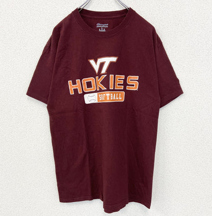 古着　used　champion　チャンピオン　半袖プリントTシャツ　HOKIES　ソフトボール　クルーネック　赤　Lサイズ