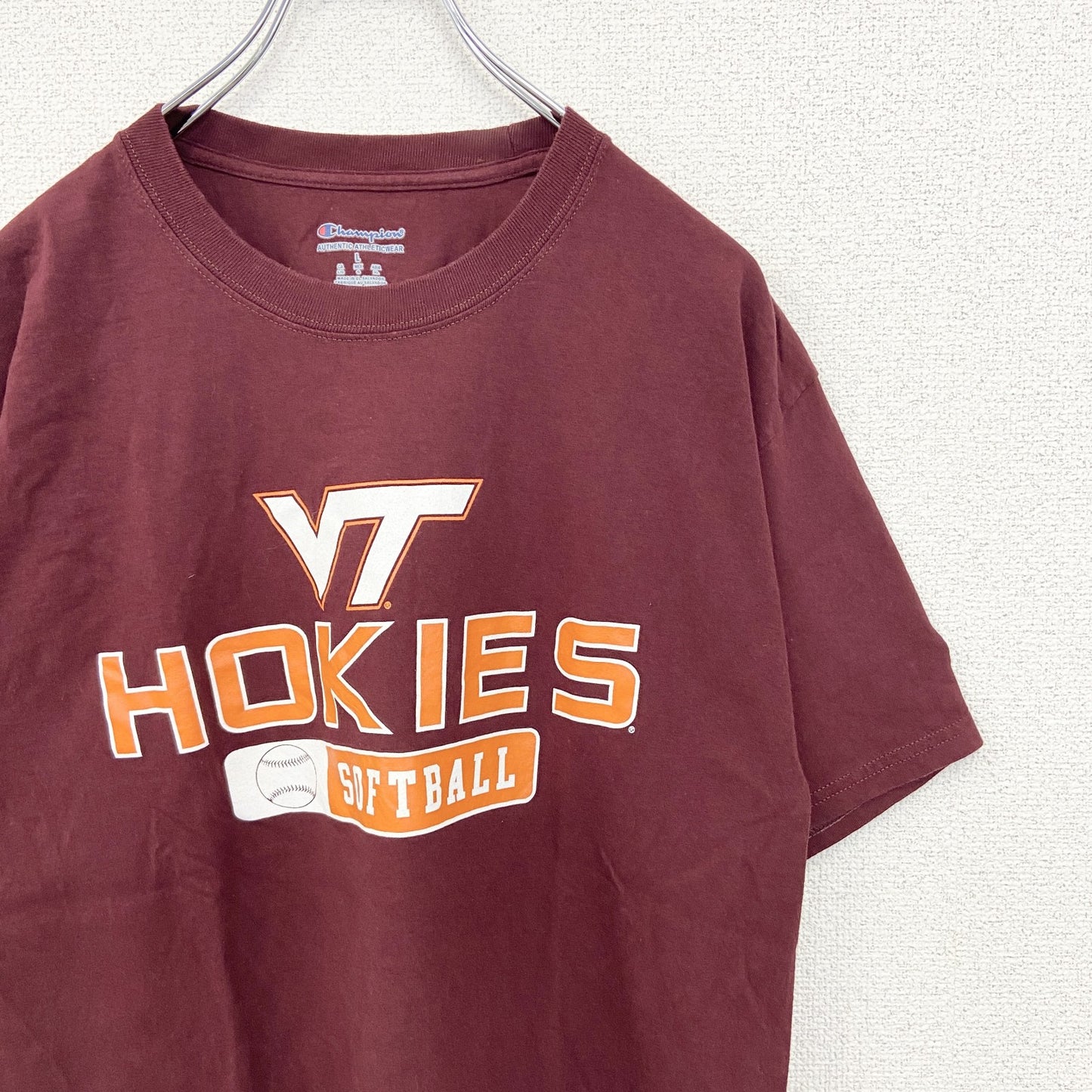 古着　used　champion　チャンピオン　半袖プリントTシャツ　HOKIES　ソフトボール　クルーネック　赤　Lサイズ