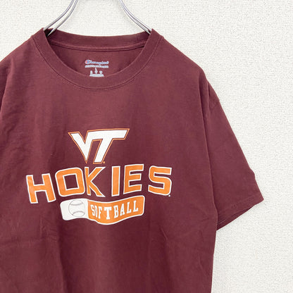 古着　used　champion　チャンピオン　半袖プリントTシャツ　HOKIES　ソフトボール　クルーネック　赤　Lサイズ