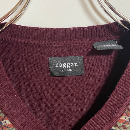 古着 used　haggar　Vネック総柄ニットベスト　セーター　フェアアイル柄　ワインレッド　マルチカラー　レトロ　Mサイズ