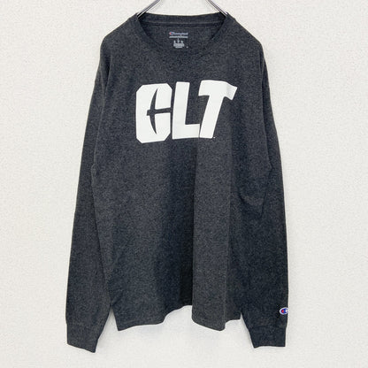 古着　used　champion　チャンピオン　長袖プリントTシャツ　CLT　ロンT　クルーネック　カジュアル　グレー　Lサイズ