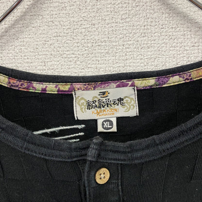 絡繰魂　カラクリダマシイ　ヘンリーネック長袖Tシャツ/ロンT　黒　ブラック　XLサイズ　