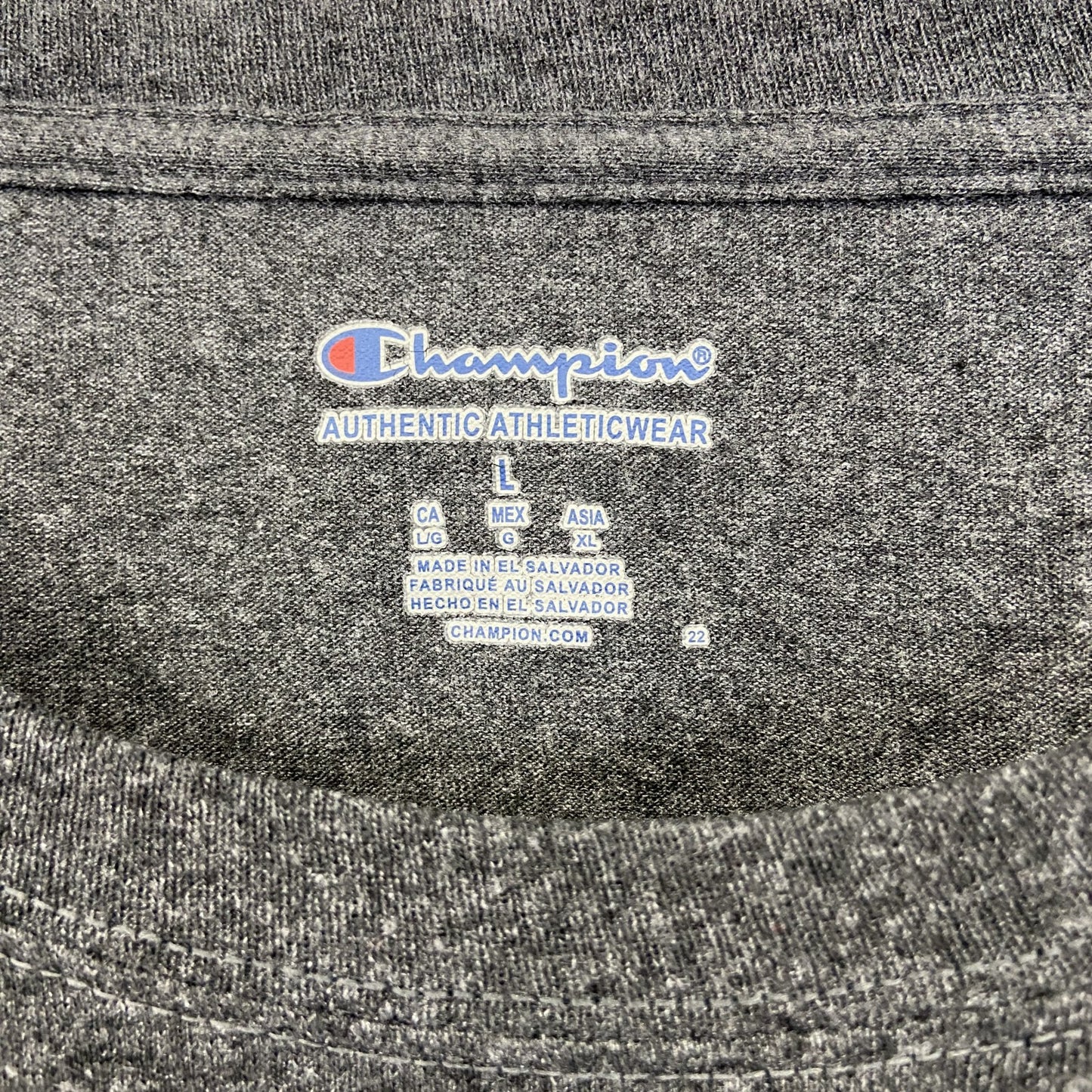 古着　used　champion　チャンピオン　長袖プリントTシャツ　CLT　ロンT　クルーネック　カジュアル　グレー　Lサイズ