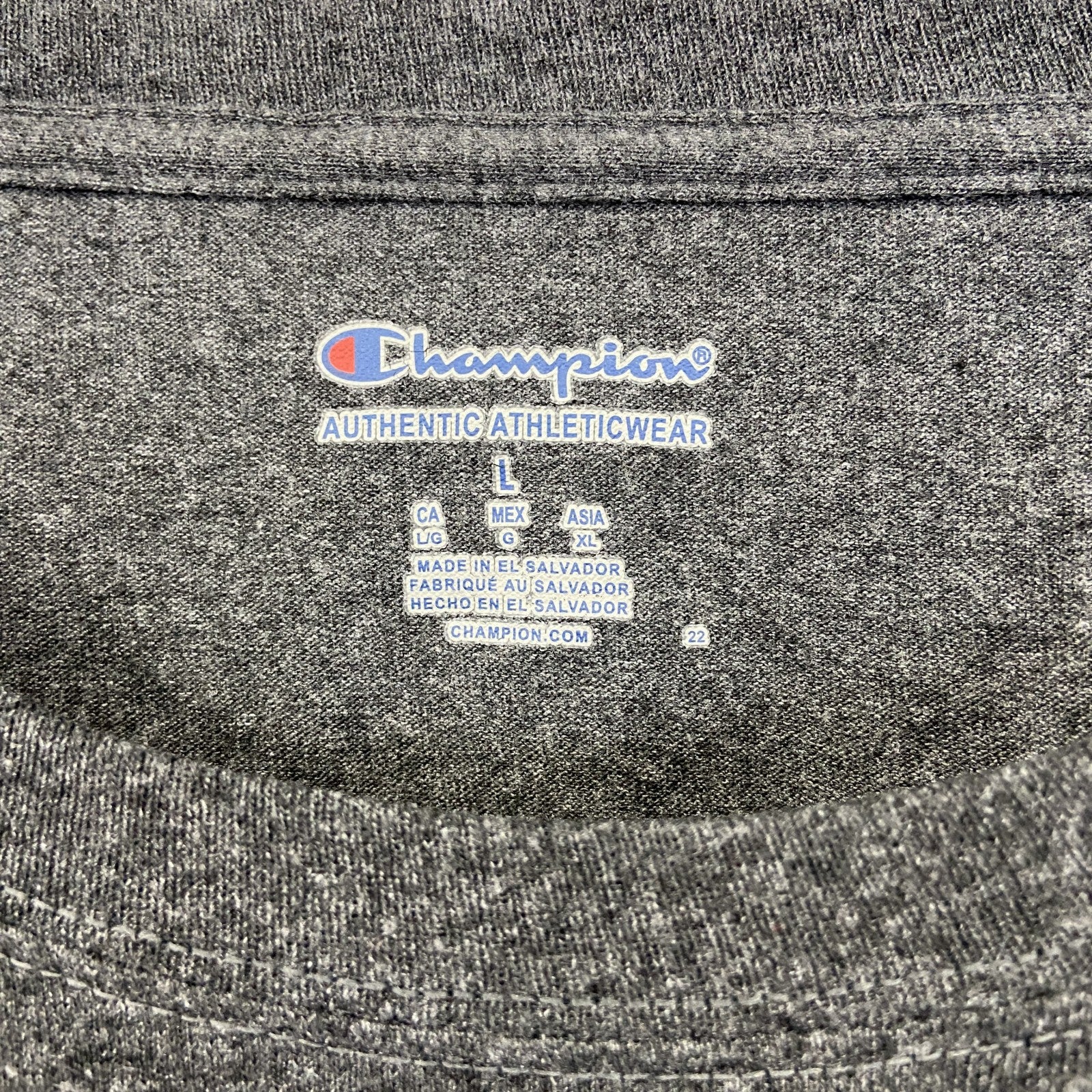 古着　used　champion　チャンピオン　長袖プリントTシャツ　CLT　ロンT　クルーネック　カジュアル　グレー　Lサイズ