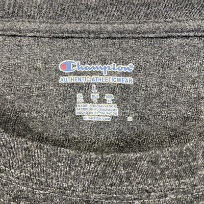 古着　used　champion　チャンピオン　長袖プリントTシャツ　CLT　ロンT　クルーネック　カジュアル　グレー　Lサイズ
