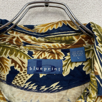 ～90s　Blueprint　ブループリント　半袖シャツ　アロハシャツ　ヤシの木　総柄　紺　ネイビー　Lサイズ