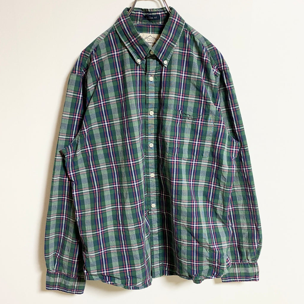 古着 used　ST JOHNS BAY　セントジョンズベイ　長袖チェック柄シャツ　総柄デザインシャツ　緑　グリーン　Lサイズ