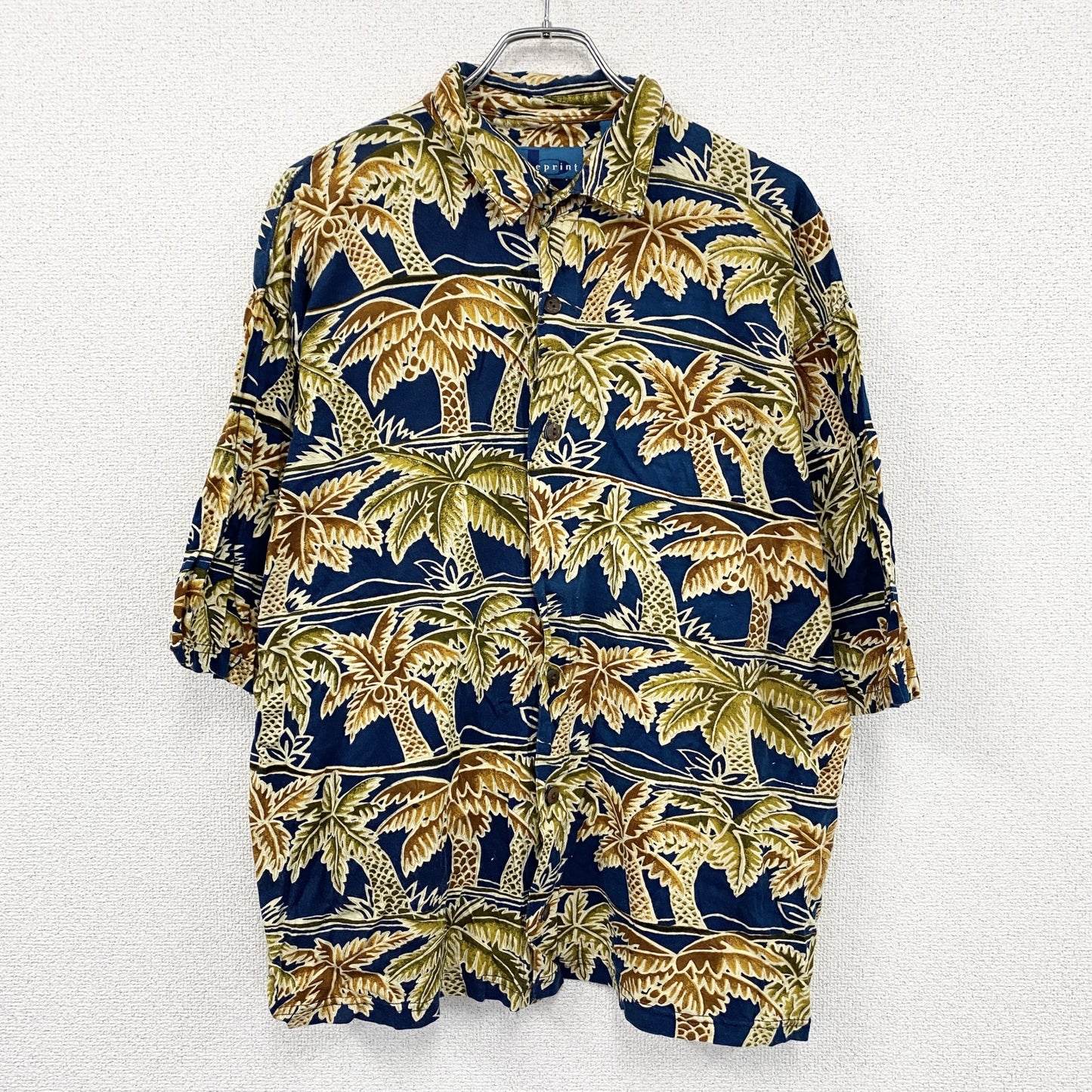 ～90s　Blueprint　ブループリント　半袖シャツ　アロハシャツ　ヤシの木　総柄　紺　ネイビー　Lサイズ