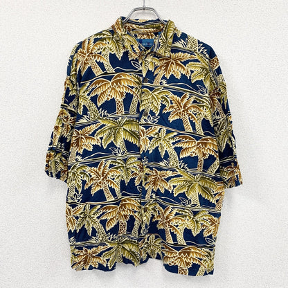 ～90s　Blueprint　ブループリント　半袖シャツ　アロハシャツ　ヤシの木　総柄　紺　ネイビー　Lサイズ
