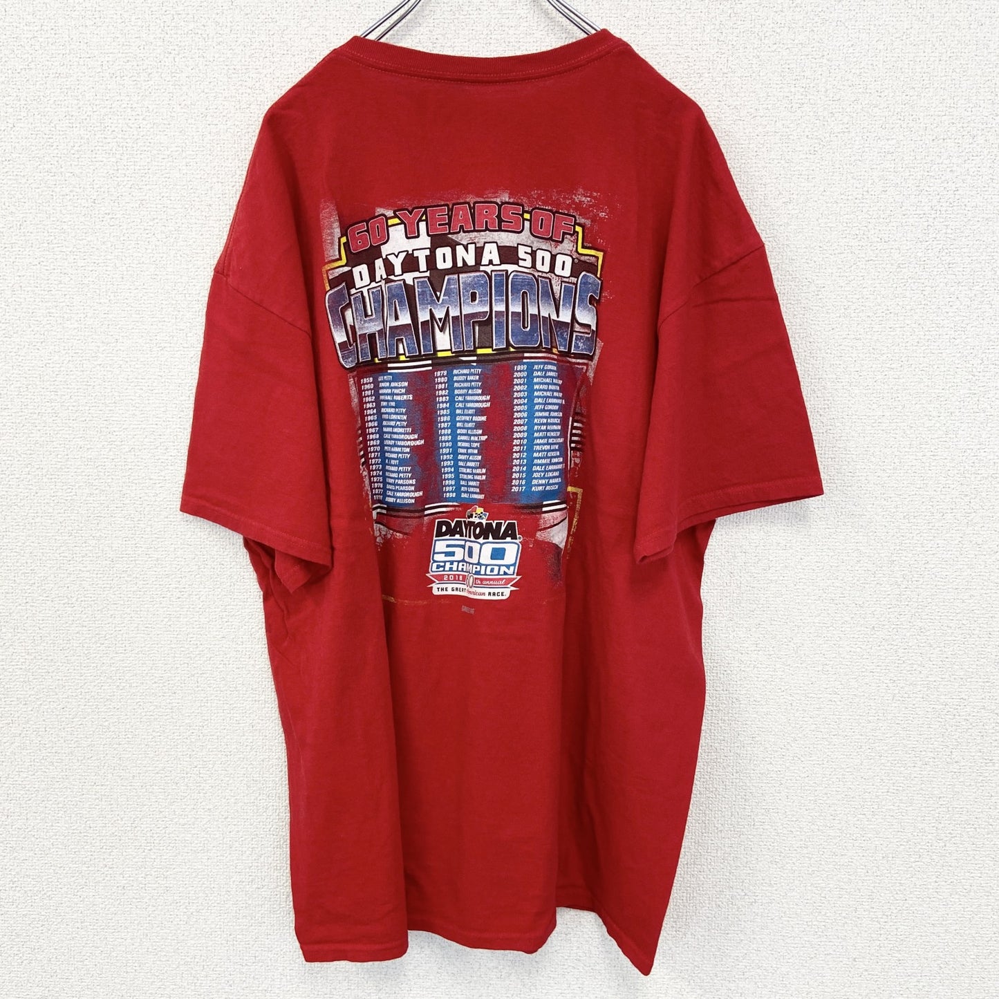古着　used　NASCAR ナスカ　半袖ビッグプリントTシャツ　クルーネック　レーシングカー　チャンピオンズ　赤　2XLサイズ