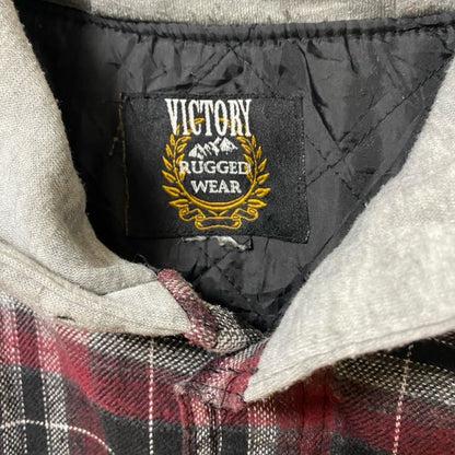 古着 used　VICTORY　長袖チェック柄中綿ブルゾンパーカー　胸ポケット付き　赤　レッド　黒　ブラック　レトロ　XLサイズ