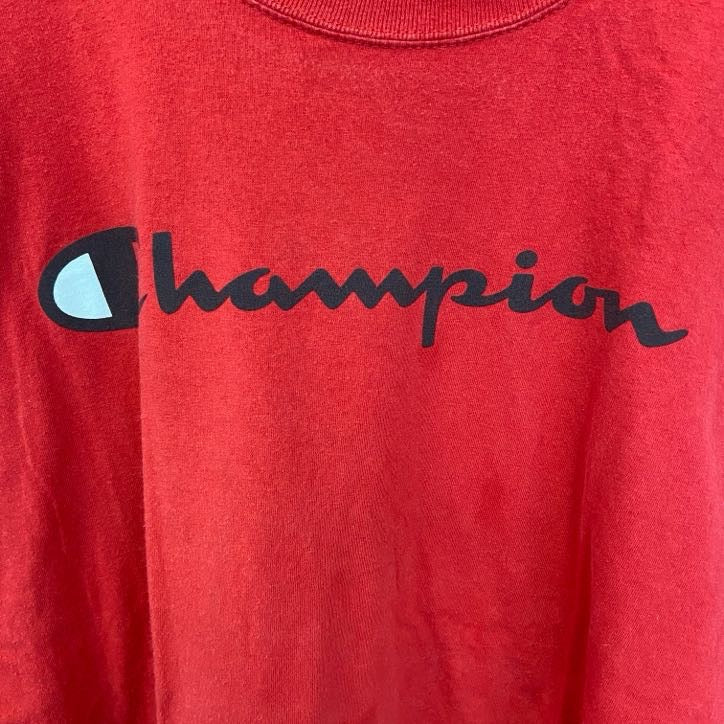 古着　used　champion　チャンピオン　半袖ロゴプリントビッグTシャツ　クルーネック　レトロ　レッド　赤　2XLサイズ