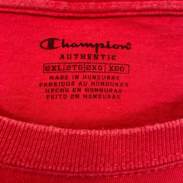 古着　used　champion　チャンピオン　半袖ロゴプリントビッグTシャツ　クルーネック　レトロ　レッド　赤　2XLサイズ