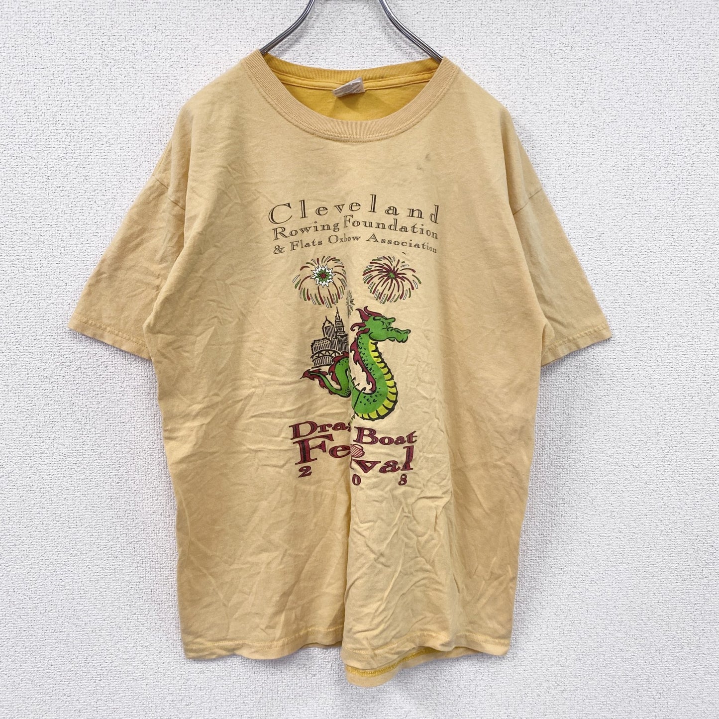 00s　GILDAN　ギルダン　半袖両面プリントTシャツ　企業ロゴ　ドラゴン　フェード　ヴィンテージ　黄色　イエロー　Lサイズ