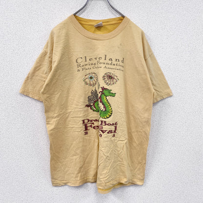 00s　GILDAN　ギルダン　半袖両面プリントTシャツ　企業ロゴ　ドラゴン　フェード　ヴィンテージ　黄色　イエロー　Lサイズ