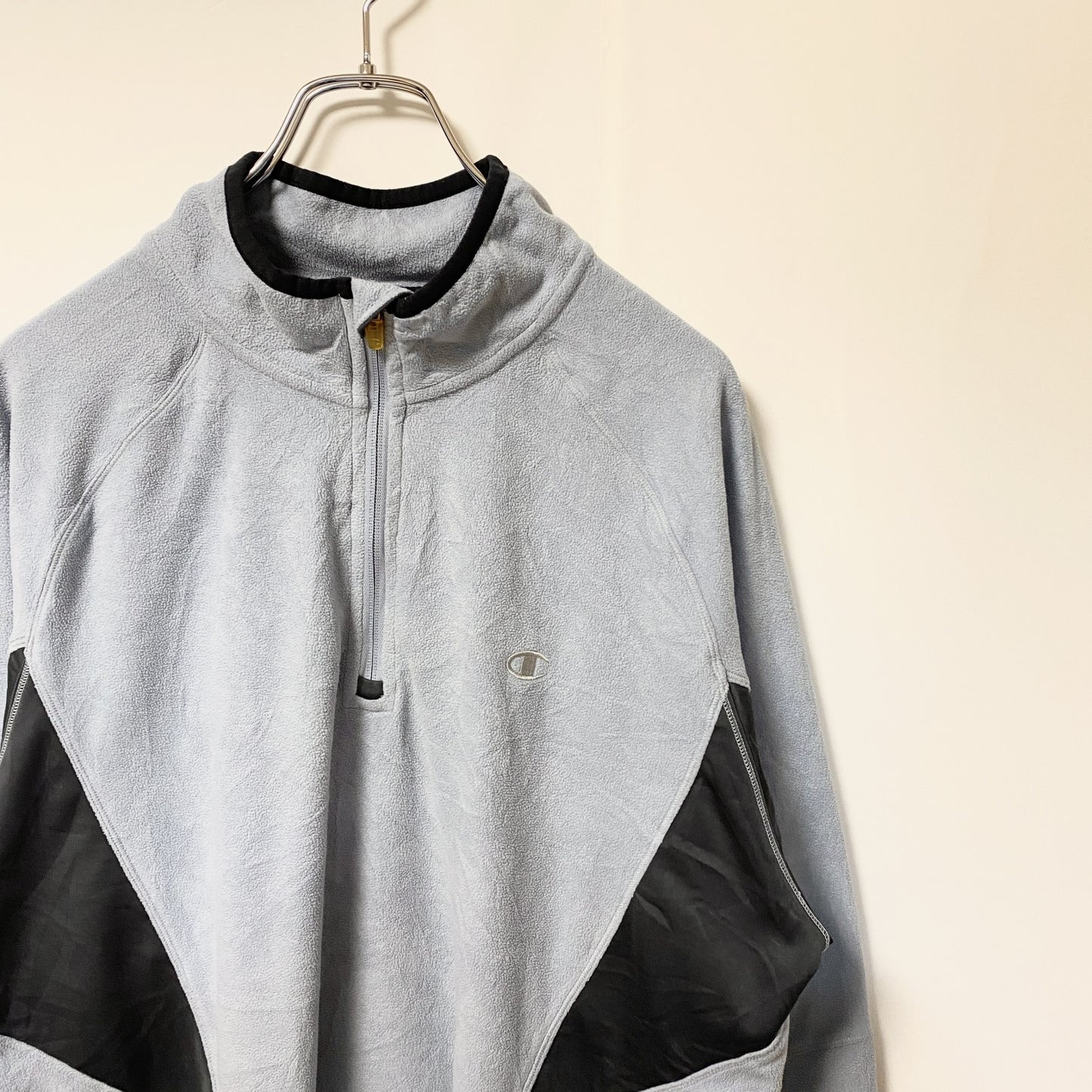Champion　チャンピオン　ハーフジップフリースジャケット/ボアジャケット　ラグランスリーブ　刺繍ロゴ　水色　ブルー　Lサイズ