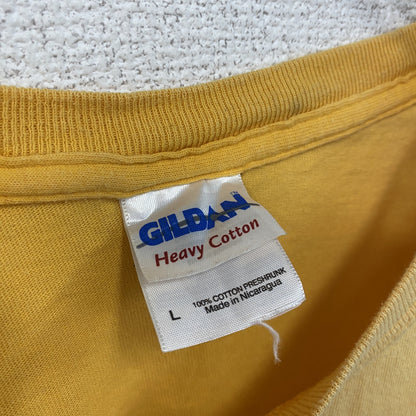 00s　GILDAN　ギルダン　半袖両面プリントTシャツ　企業ロゴ　ドラゴン　フェード　ヴィンテージ　黄色　イエロー　Lサイズ