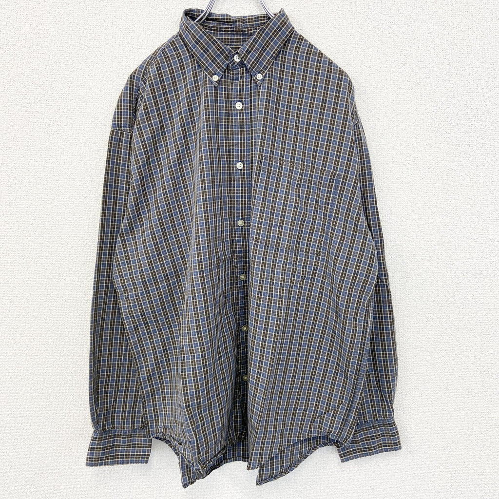 古着 used　OLD NAVY　オールド ネイビー　長袖柄シャツ　襟付き　総柄　レトロデザイン　タータンチェック　青　Lサイズ　