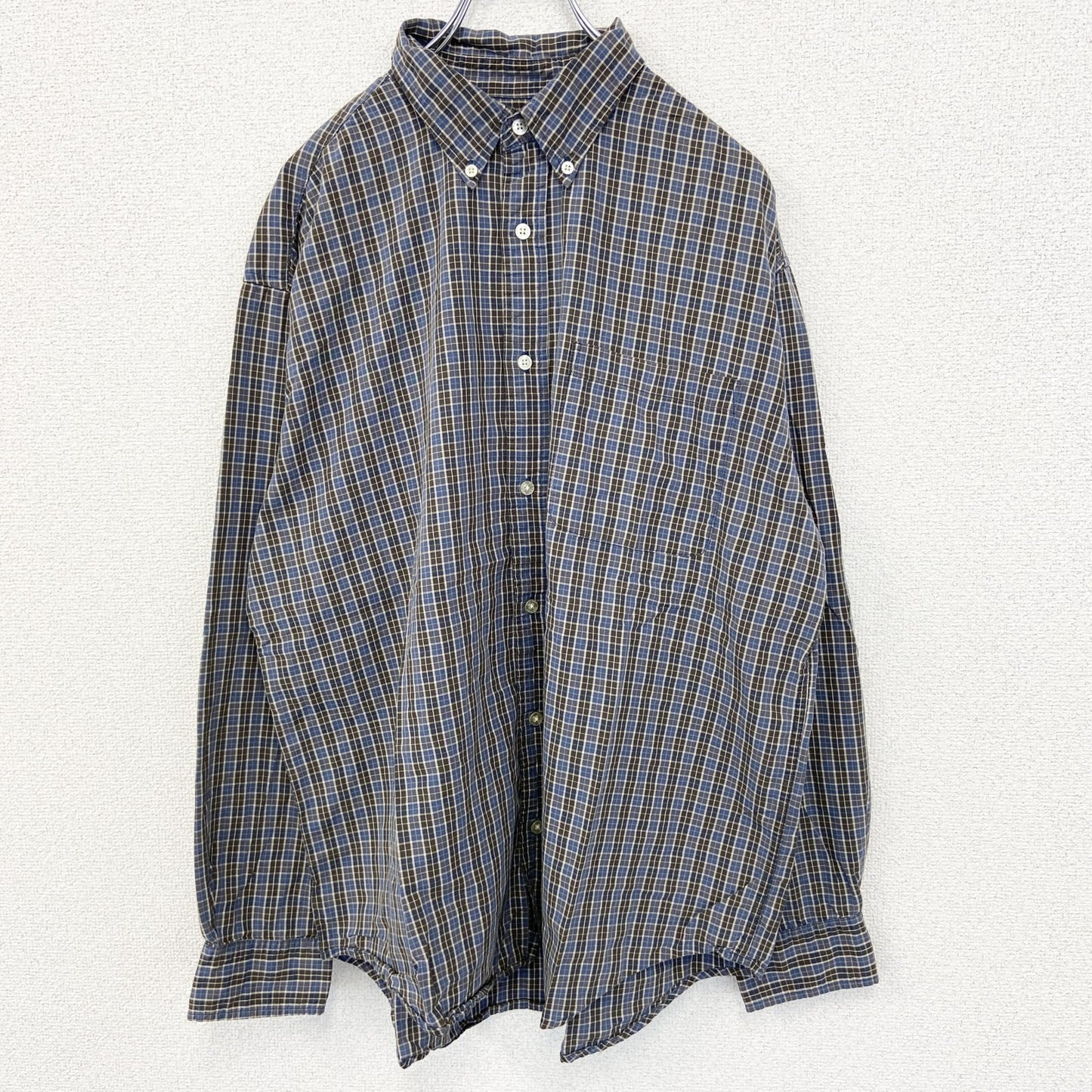 古着 used　OLD NAVY　オールド ネイビー　長袖柄シャツ　襟付き　総柄　レトロデザイン　タータンチェック　青　Lサイズ　