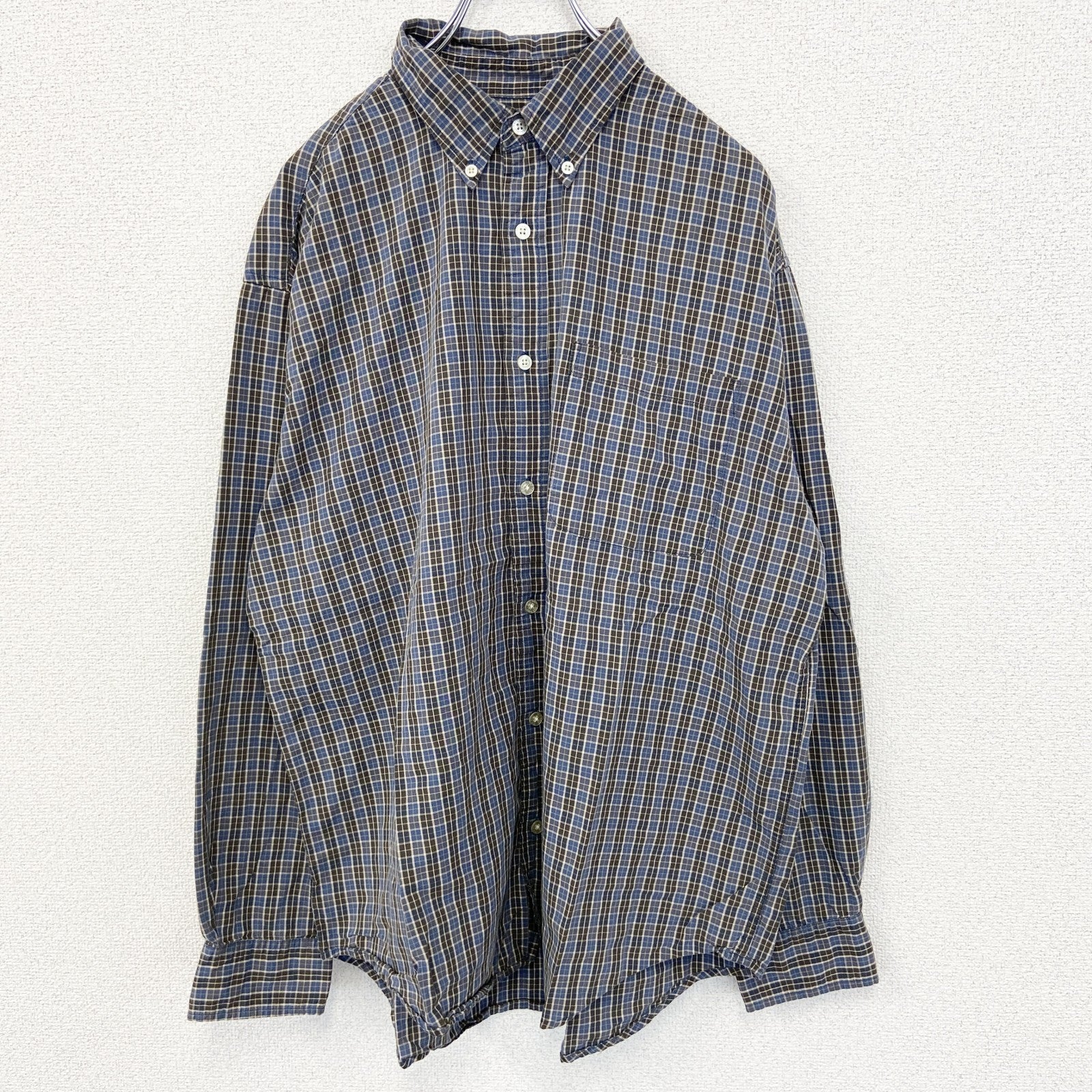 古着 used　OLD NAVY　オールド ネイビー　長袖柄シャツ　襟付き　総柄　レトロデザイン　タータンチェック　青　Lサイズ　