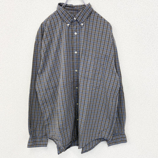 古着 used　OLD NAVY　オールド ネイビー　長袖柄シャツ　襟付き　総柄　レトロデザイン　タータンチェック　青　Lサイズ　
