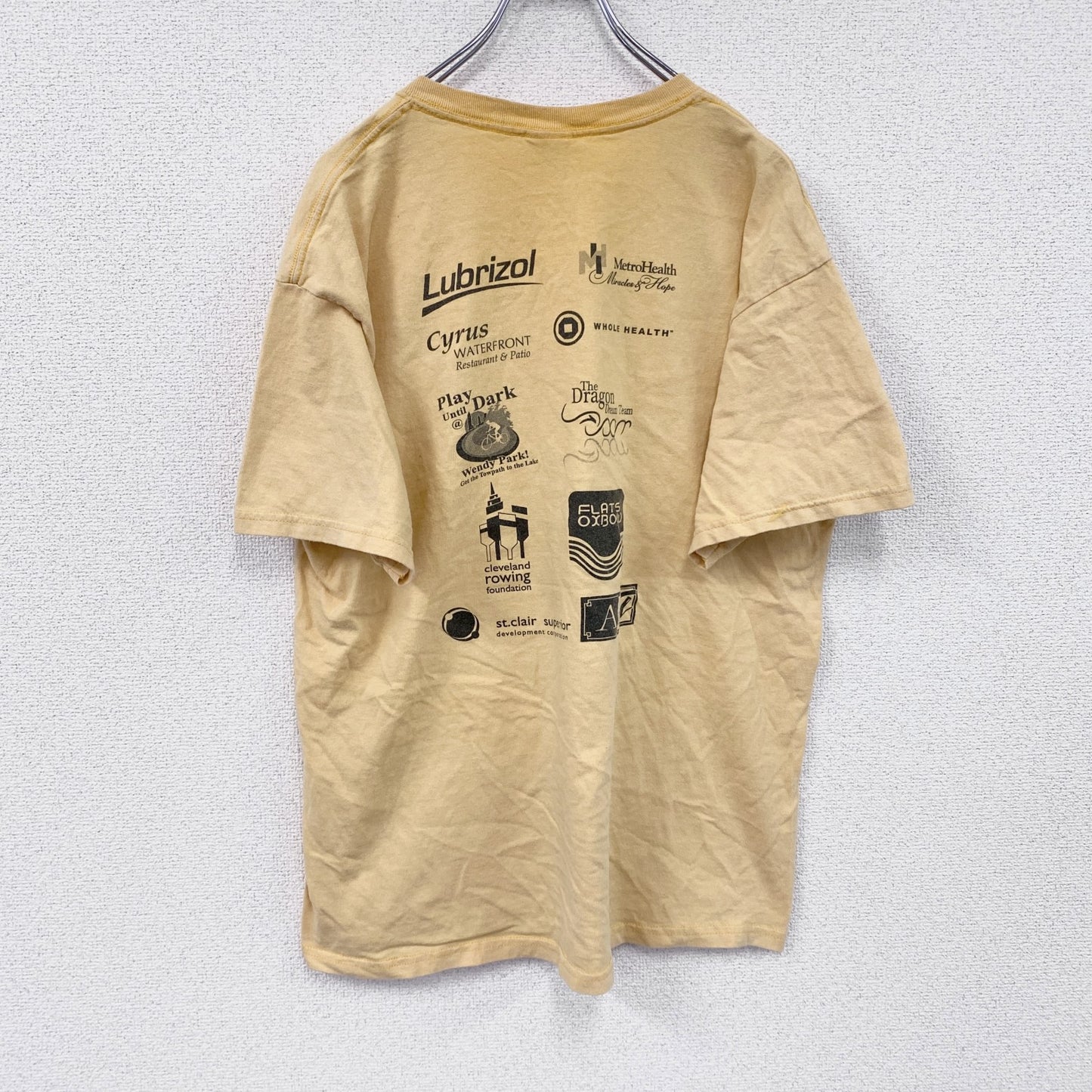 00s　GILDAN　ギルダン　半袖両面プリントTシャツ　企業ロゴ　ドラゴン　フェード　ヴィンテージ　黄色　イエロー　Lサイズ