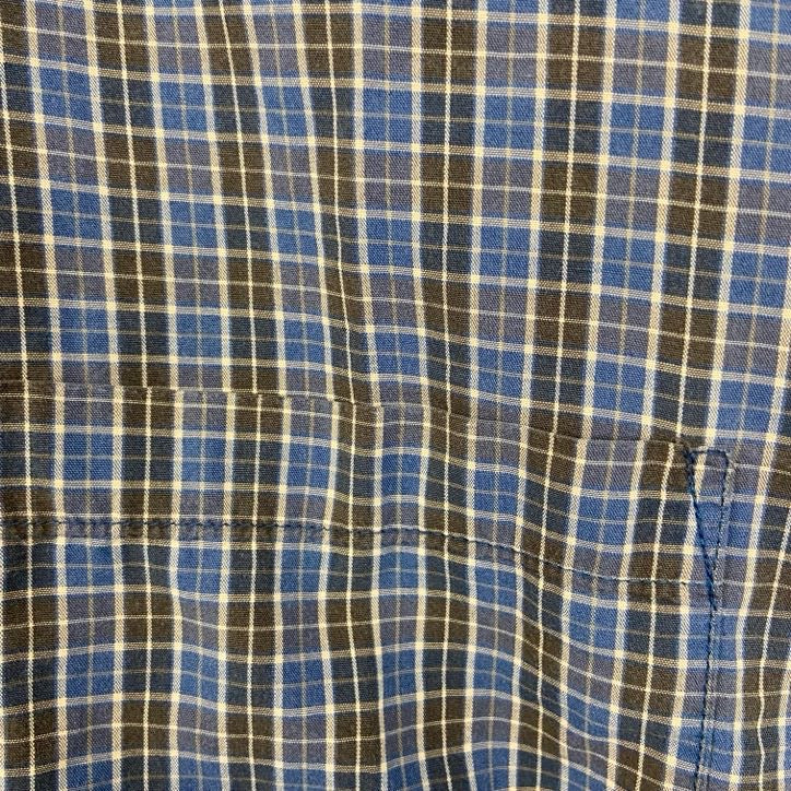 古着 used　OLD NAVY　オールド ネイビー　長袖柄シャツ　襟付き　総柄　レトロデザイン　タータンチェック　青　Lサイズ　