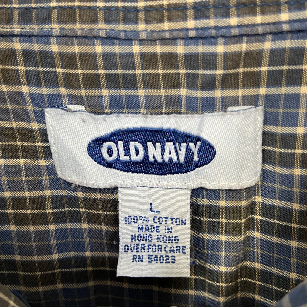 古着 used　OLD NAVY　オールド ネイビー　長袖柄シャツ　襟付き　総柄　レトロデザイン　タータンチェック　青　Lサイズ　