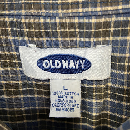 古着 used　OLD NAVY　オールド ネイビー　長袖柄シャツ　襟付き　総柄　レトロデザイン　タータンチェック　青　Lサイズ　