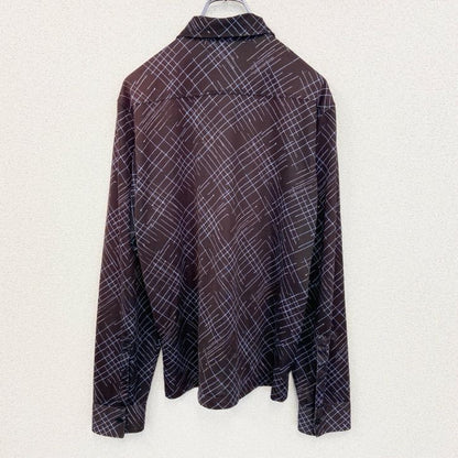 古着 used　KEENTH COLE　長袖柄シャツ　襟付き　総柄　アトミック柄　個性的　レトロデザイン　モダン　赤紫　Lサイズ　