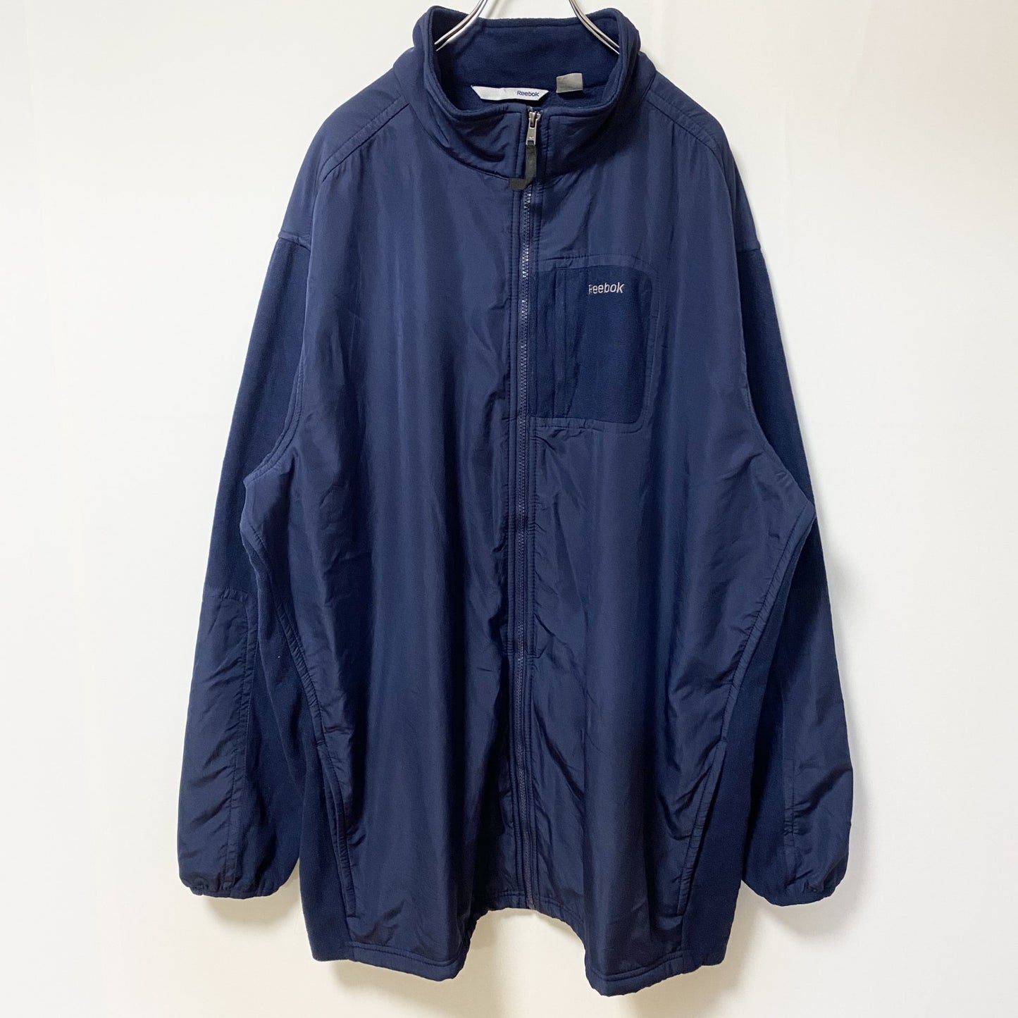 古着 used　Reebok リーボック　長袖フリースジャケット　ナイロン　ワンポイントロゴプリント　ネイビー　XXXLサイズ