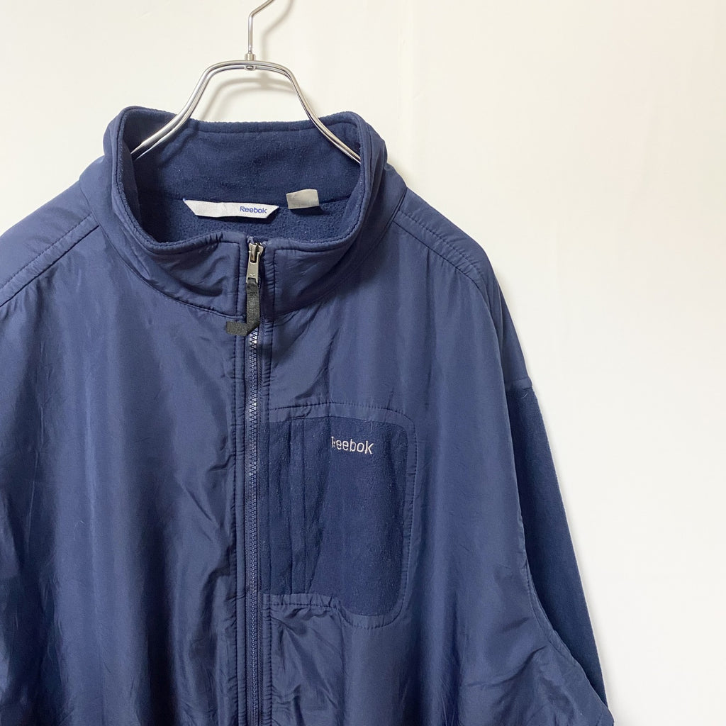 古着 used　Reebok リーボック　長袖フリースジャケット　ナイロン　ワンポイントロゴプリント　ネイビー　XXXLサイズ