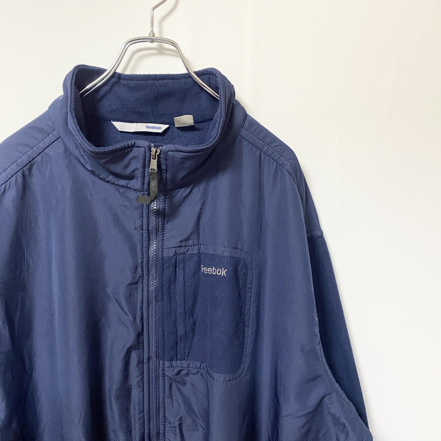 古着 used　Reebok リーボック　長袖フリースジャケット　ナイロン　ワンポイントロゴプリント　ネイビー　XXXLサイズ