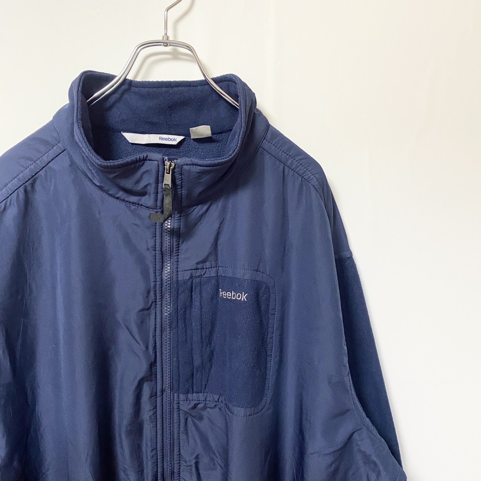 古着 used　Reebok リーボック　長袖フリースジャケット　ナイロン　ワンポイントロゴプリント　ネイビー　XXXLサイズ